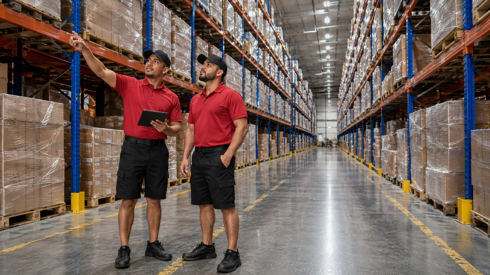 Two workers in red polos looking up at tall pallet racking, one holding a tablet