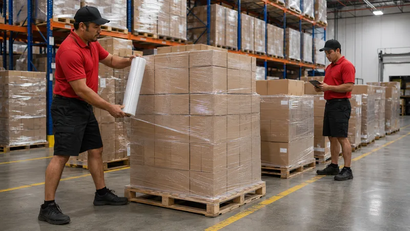 One crew member shrink-wrapping a pallet while another checks a tablet
