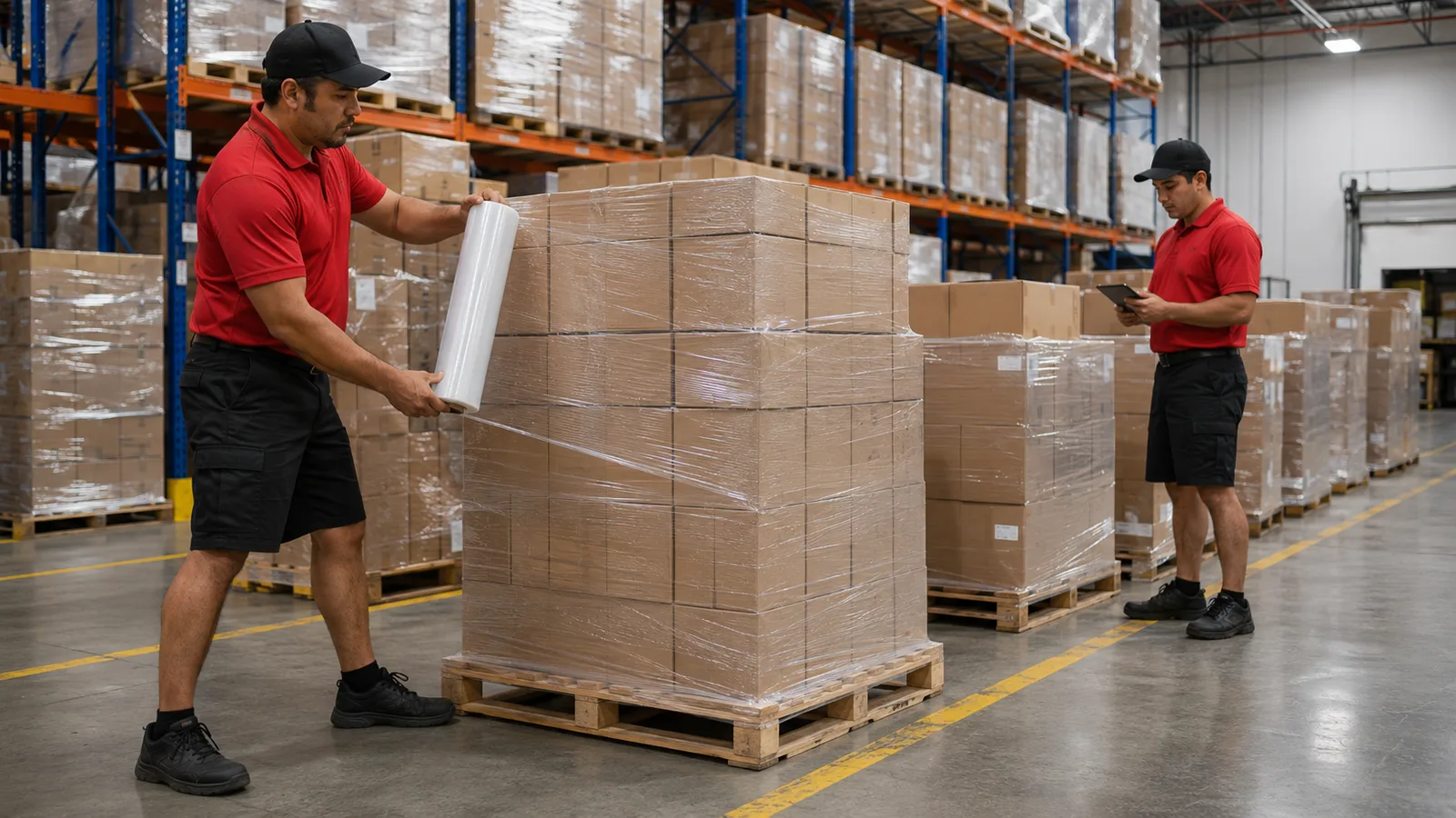One worker shrink-wrapping a pallet while another checks a tablet