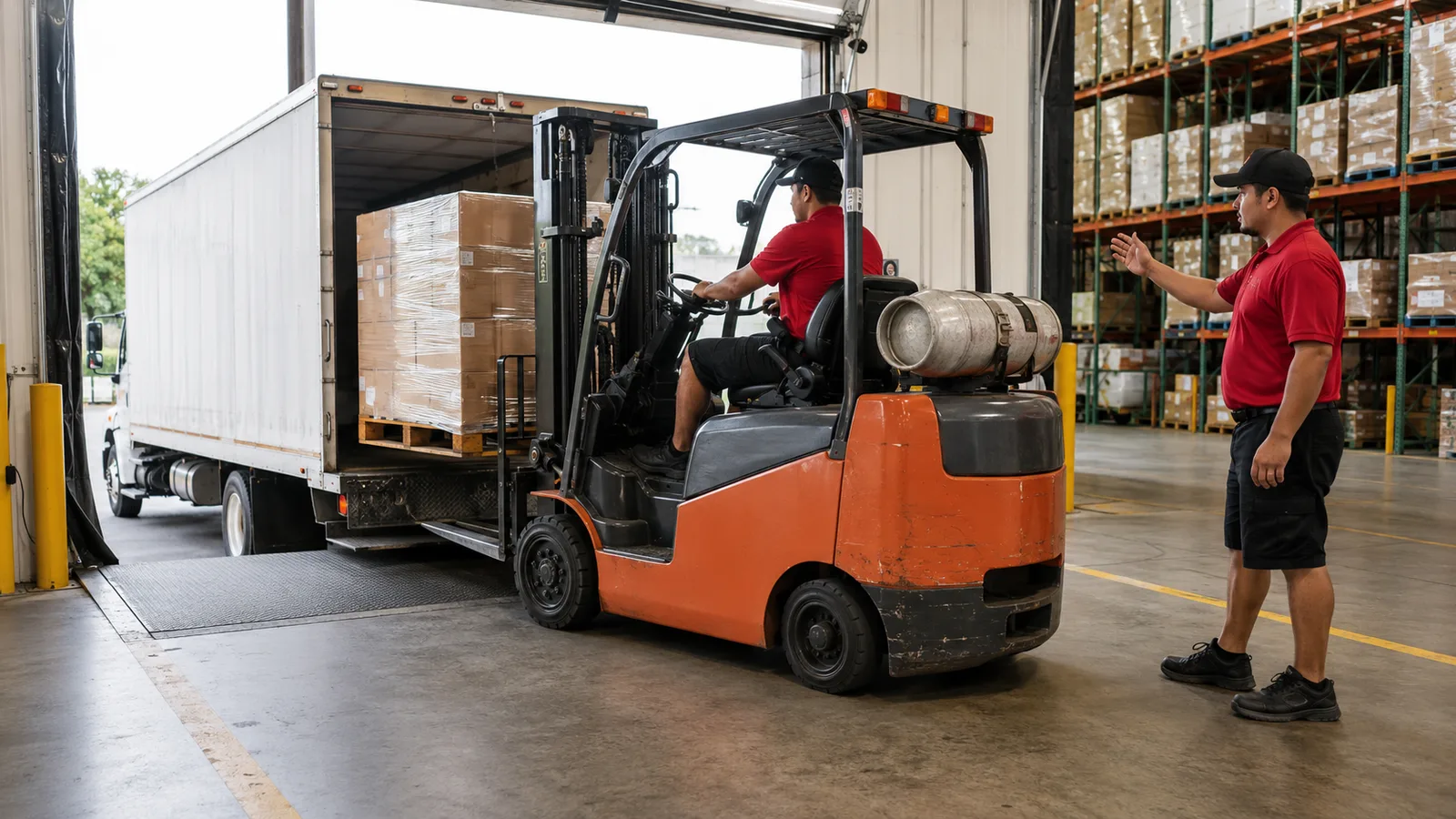 A forklift loading a pallet into a box truck at the dock while a worker directs