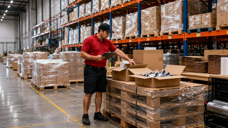 A worker with a tablet inspecting open boxes of inventory on a pallet