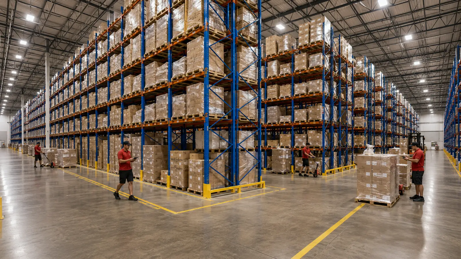 Warehouse crew with pallet jacks and tablets working between tall racking