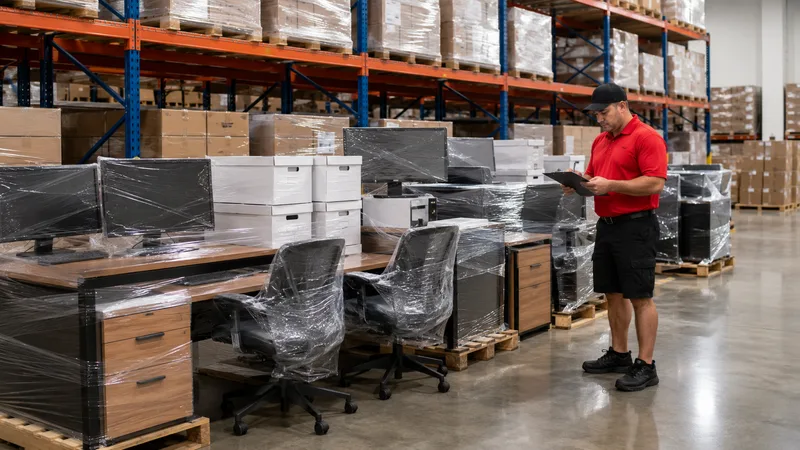 Crew member with a clipboard checking wrapped office desks and chairs