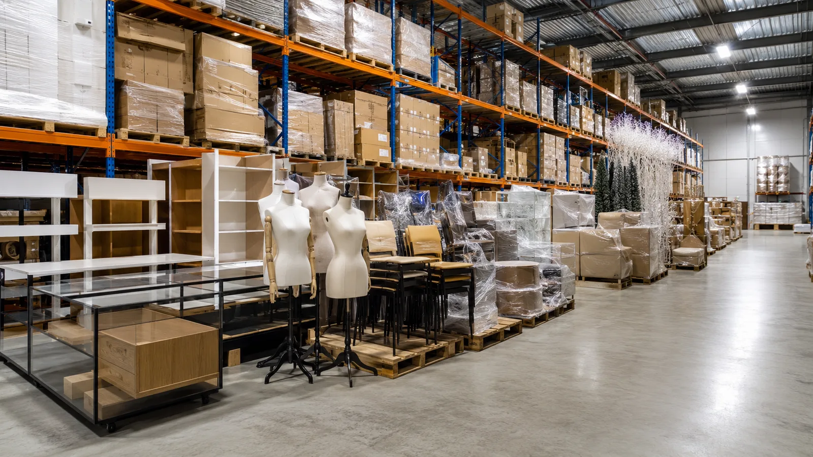 Retail fixtures, mannequins, chairs and shelving stored on pallets