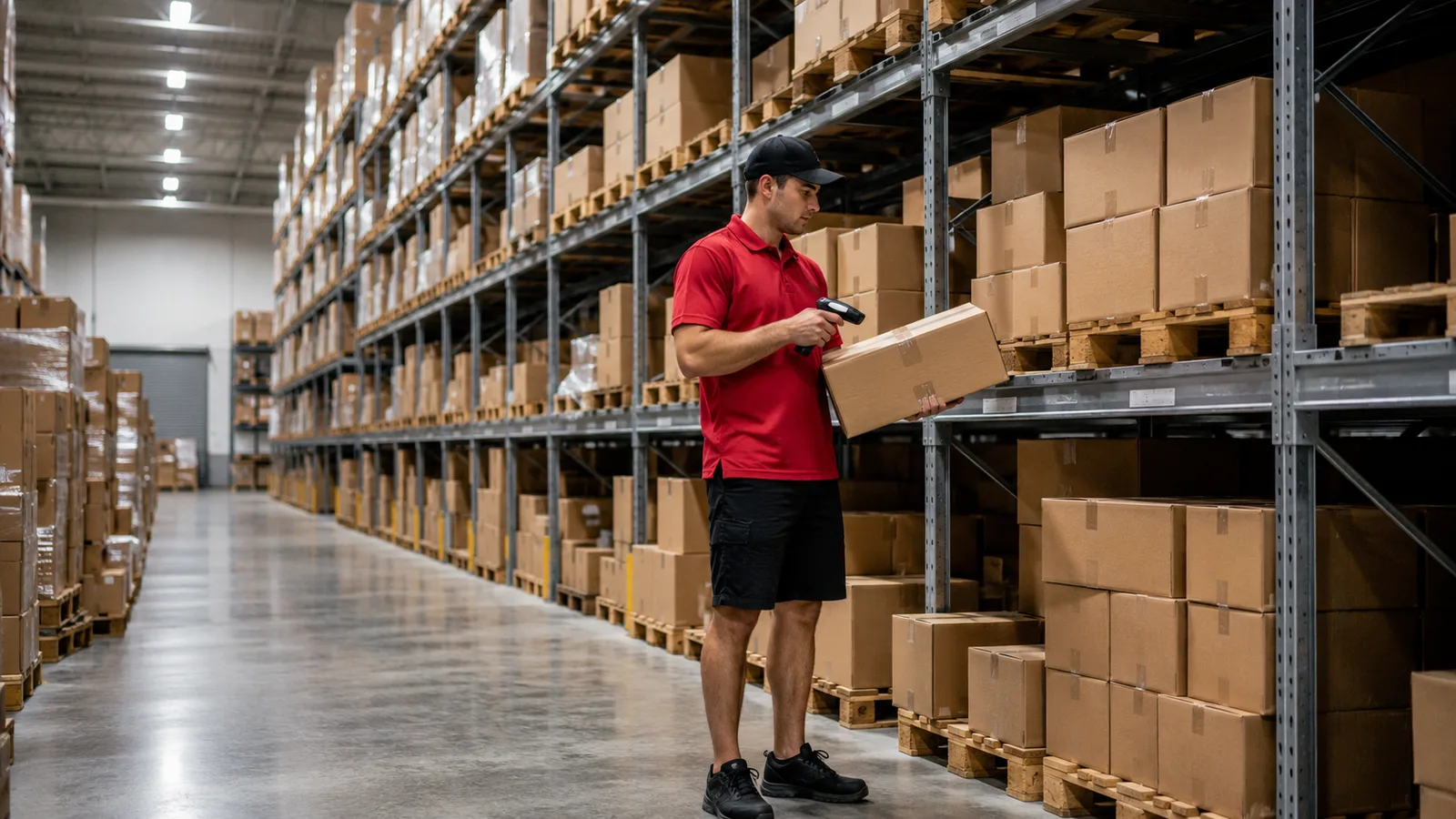 A worker scanning a cardboard box on metal shelving with a handheld scanner