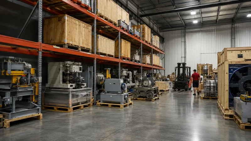 Industrial machinery and wooden crates on warehouse racking