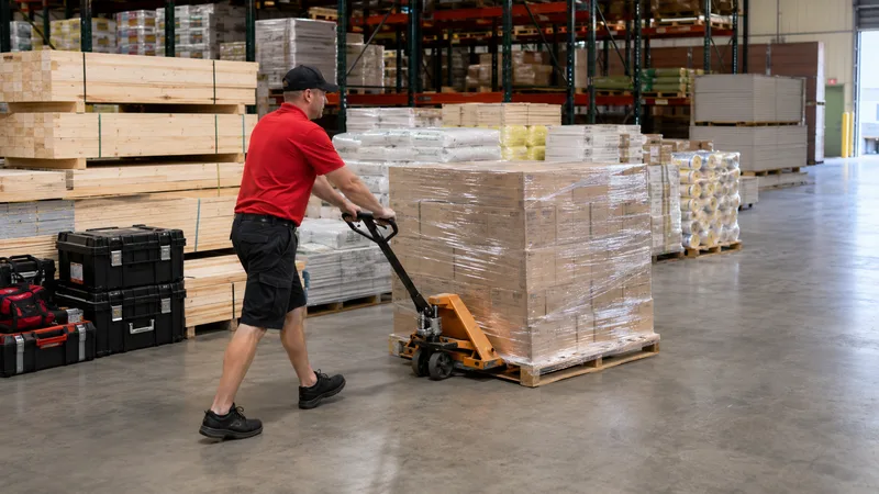 A worker pushing a pallet jack past lumber and building materials