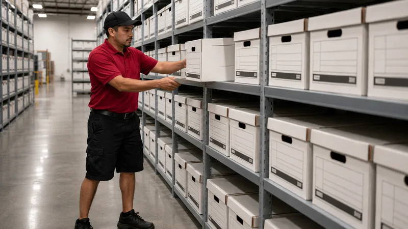 A worker filing white records boxes onto shelving