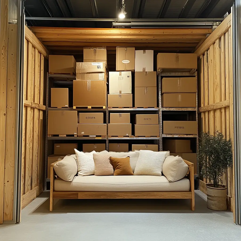 A storage vault with shelved boxes and a sofa, neatly organized