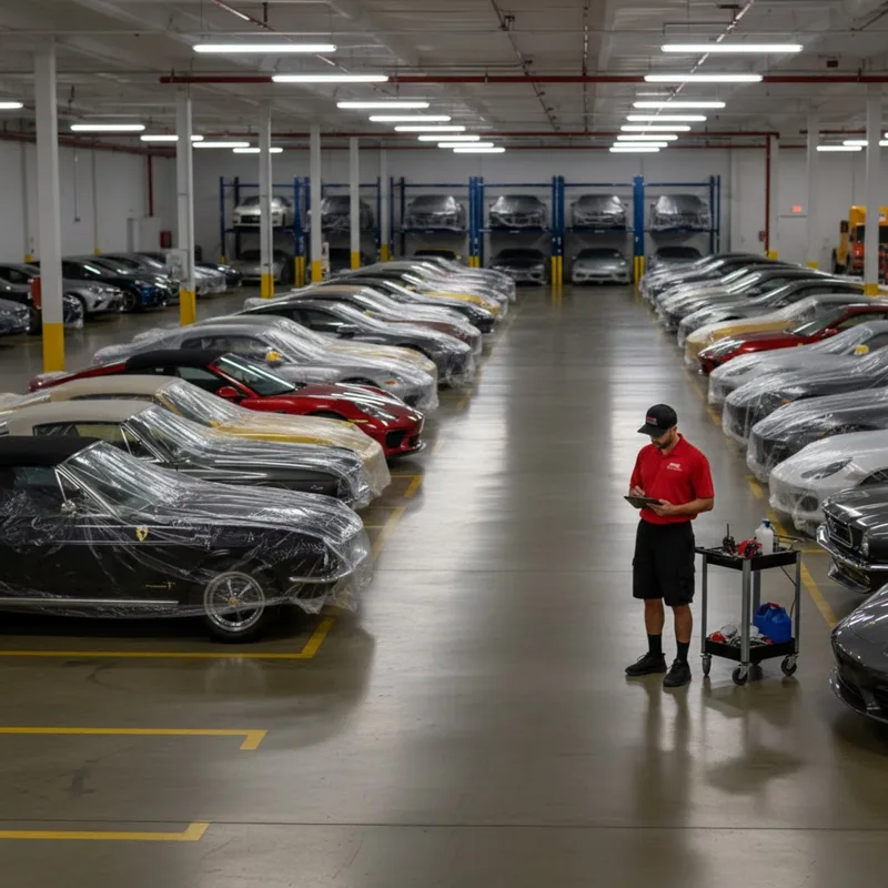 Rows of covered cars parked indoors, with a worker holding a tablet