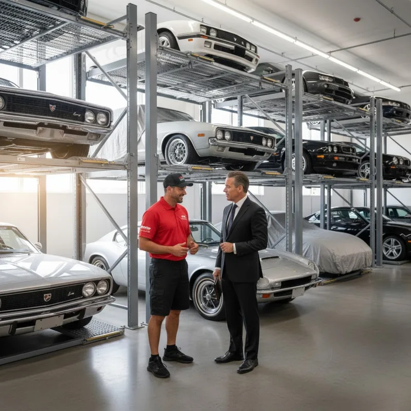 Two men talking beside classic cars parked on multi-level racks