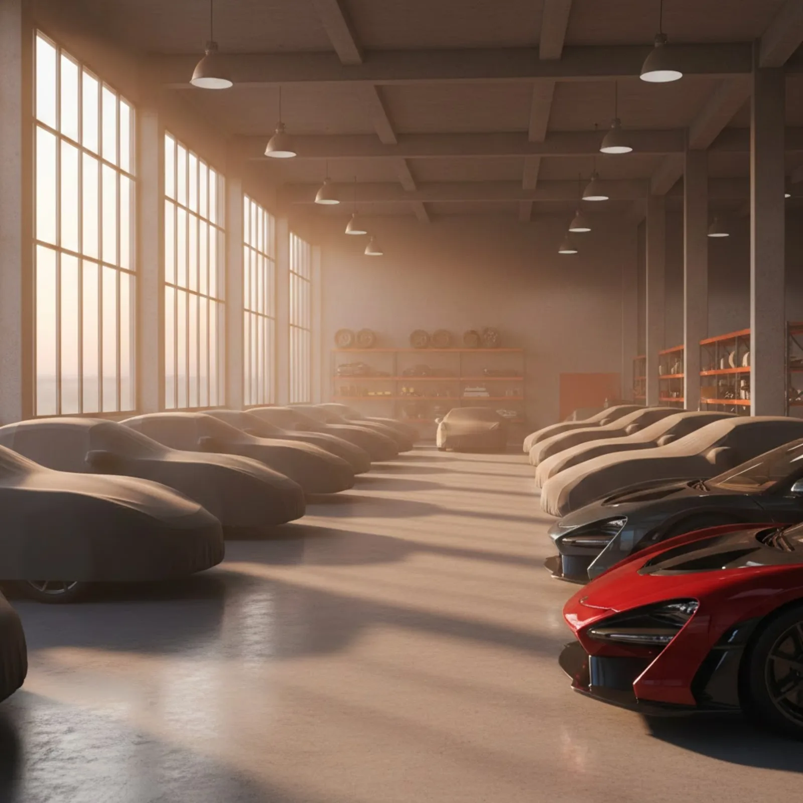 Covered cars and an uncovered red sports car parked in an indoor storage hall