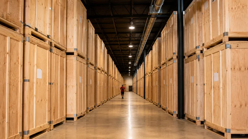 An aisle of tall wooden storage vaults with a crew member walking through