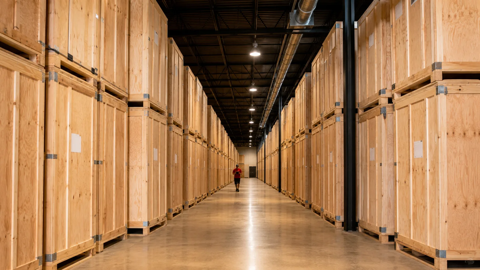 A wide facility aisle of tall wooden storage vaults with a lone worker walking