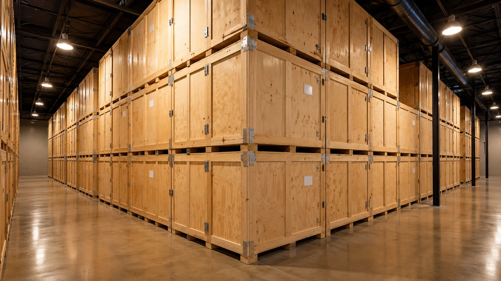 Stacked wooden storage vaults filling the corner of a facility