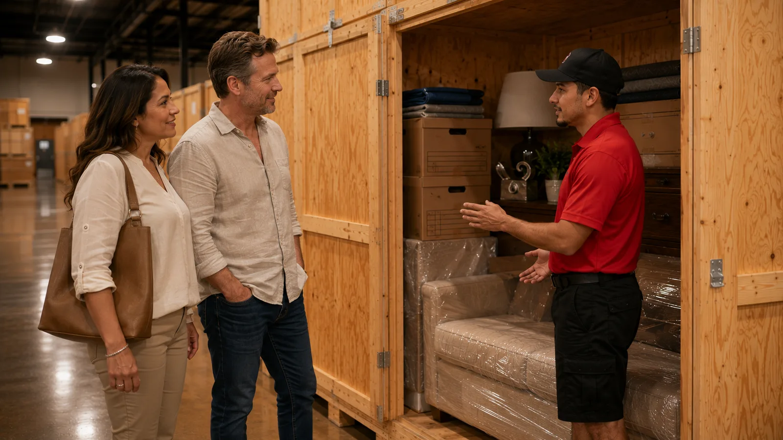 A crew member showing a couple their open wooden vault of household goods