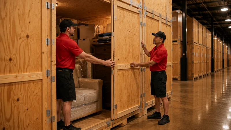 Two crew members closing a wooden vault loaded with wrapped furniture