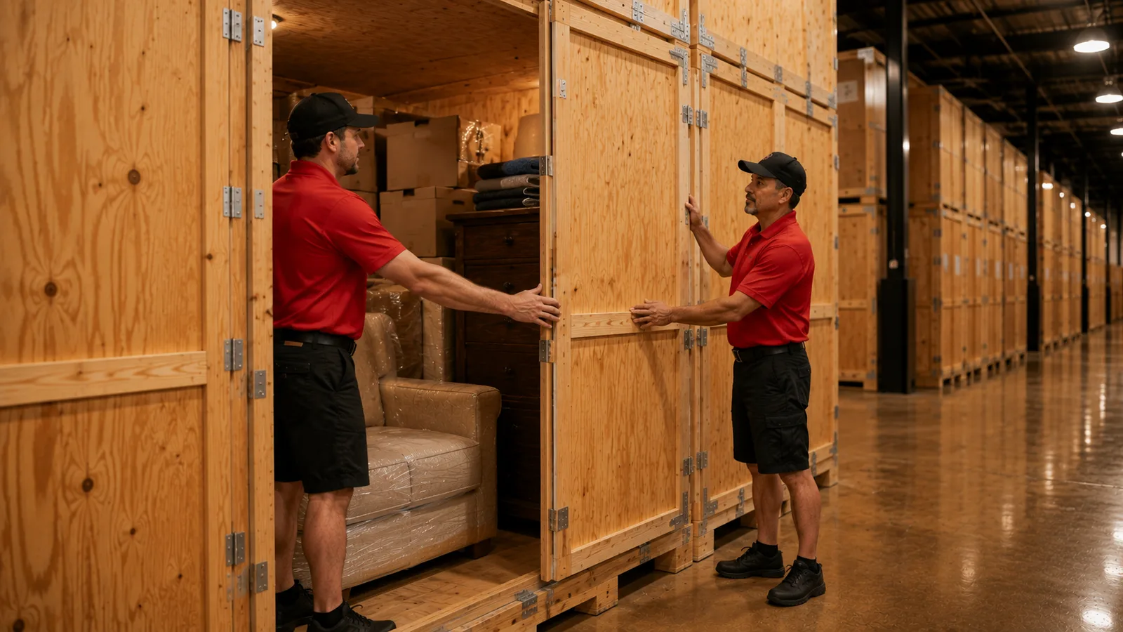 Two crew members in red polos closing a wooden vault loaded with wrapped furniture