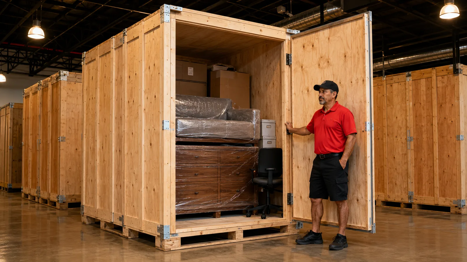 A worker opening a wooden vault packed with wrapped household furniture