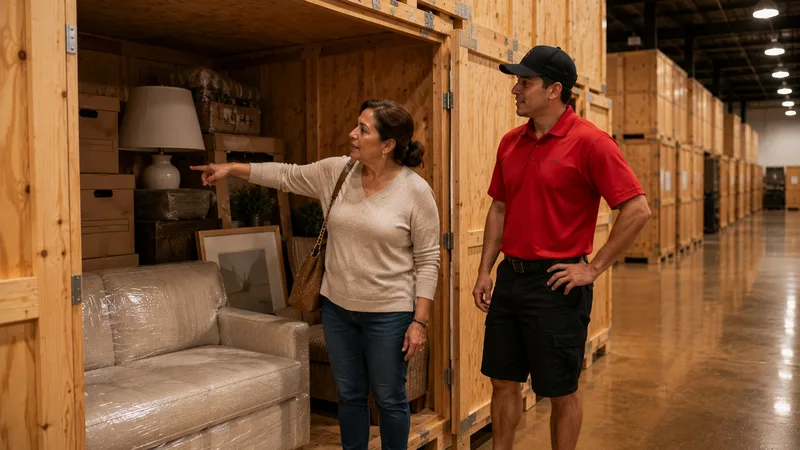 A customer pointing into her open wooden vault beside a crew member