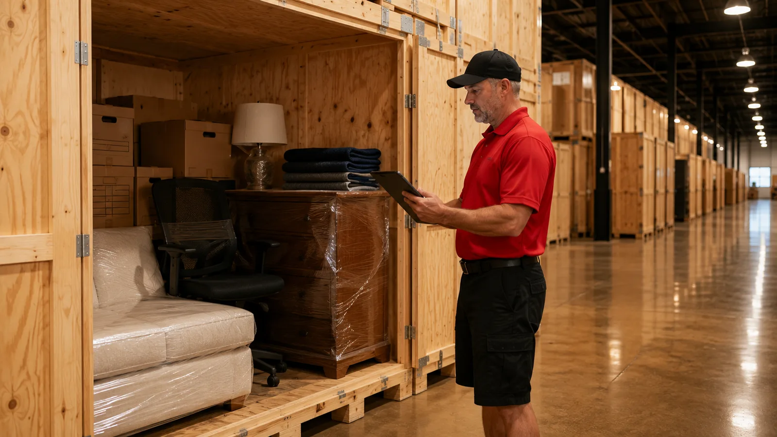 A worker with a tablet checking an open vault of wrapped furniture and boxes