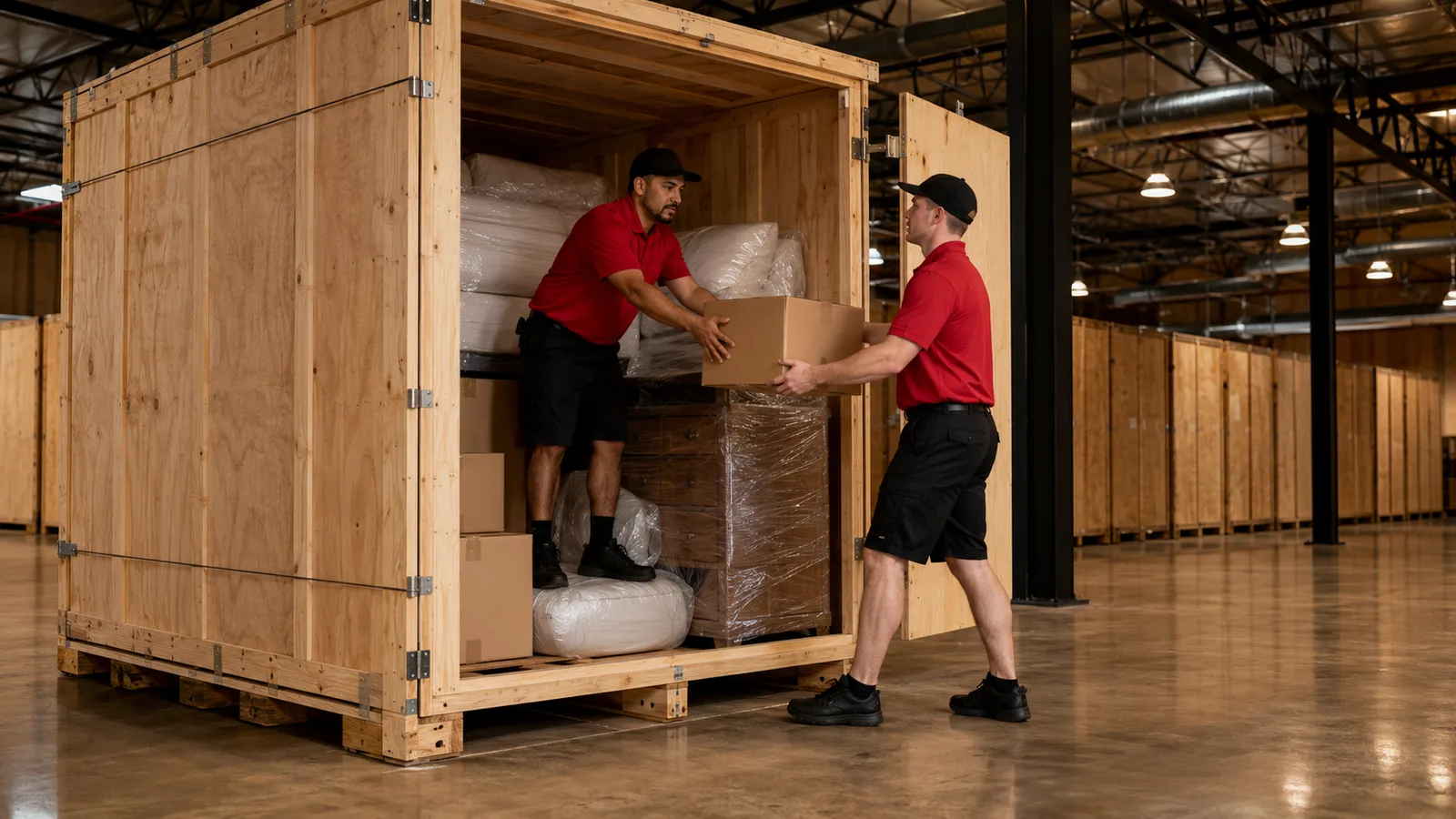 Two crew members loading boxes into a wooden storage vault