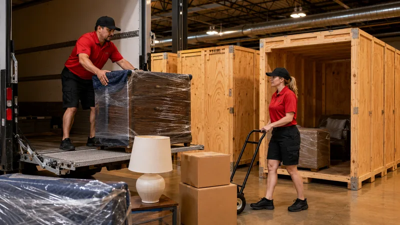 Crew unloading a wrapped dresser from the moving truck