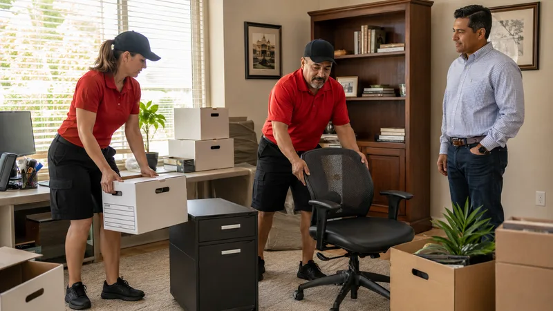 Crew packing a home office while the owner looks on
