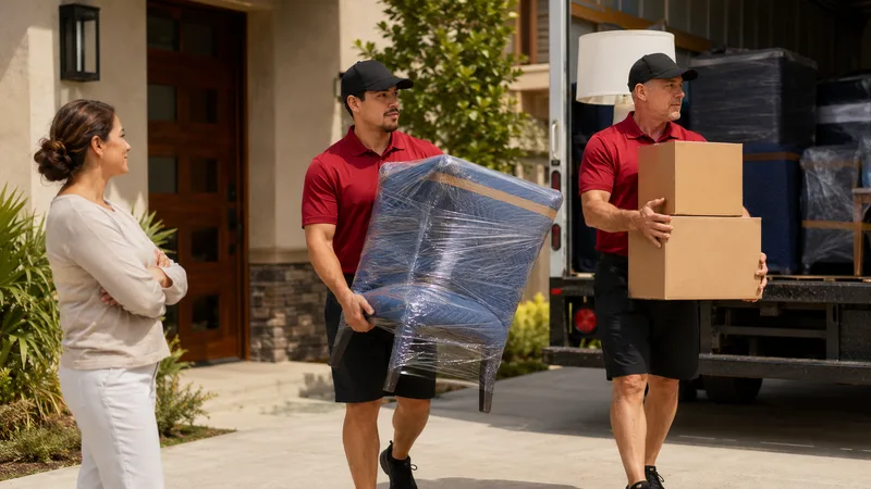 Two movers carrying a wrapped armchair and boxes to the truck