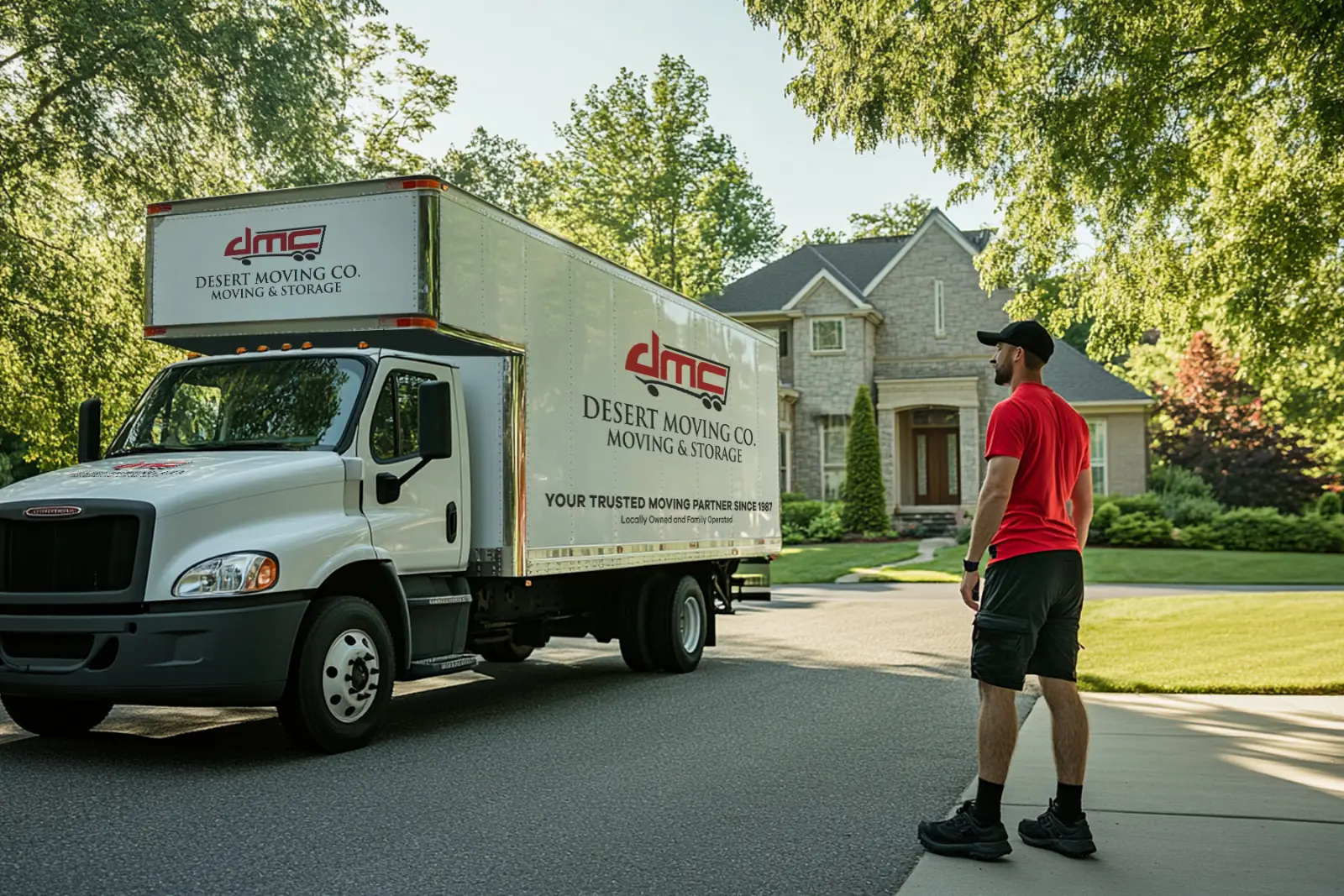 A Desert Moving truck parked on a residential street with a crew member walking toward the home